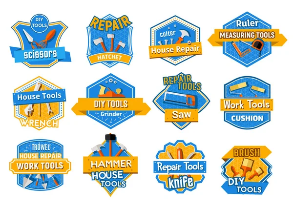 Set di badge isolato strumento di lavoro, progettazione di riparazione domestica — Vettoriale Stock