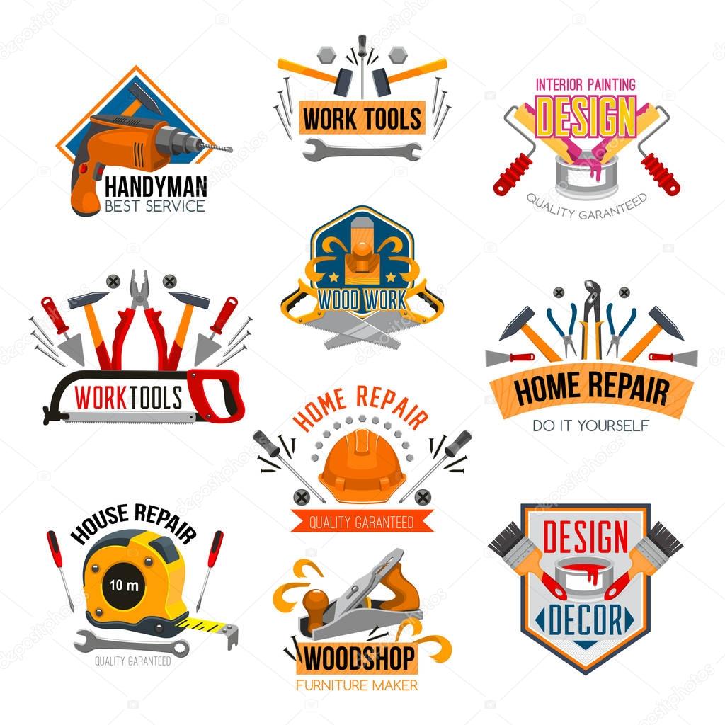 Repair tool and carpentry instrument construction symbol set. Screwdriver, hammer, drill, wrench, pliers, spanner, paint brush, roller, screw, tape measure, helmet and jack plane vector emblem design