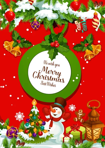 Різдвяна ялинка з подарунком та вітальною листівкою сніговика — стоковий вектор