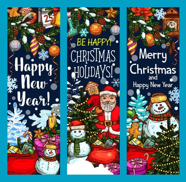 Feliz Navidad Santa regalos vector boceto banners — Vector de stock