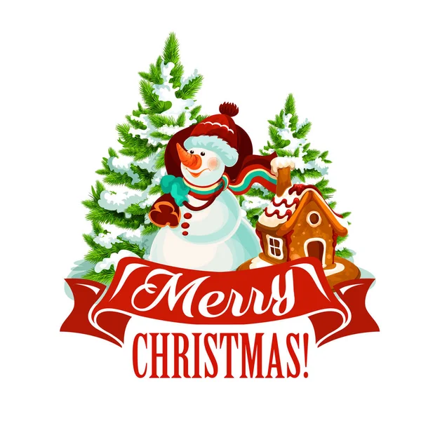 Tarjeta de Navidad con muñeco de nieve y bolsa de regalo de Santa — Vector de stock