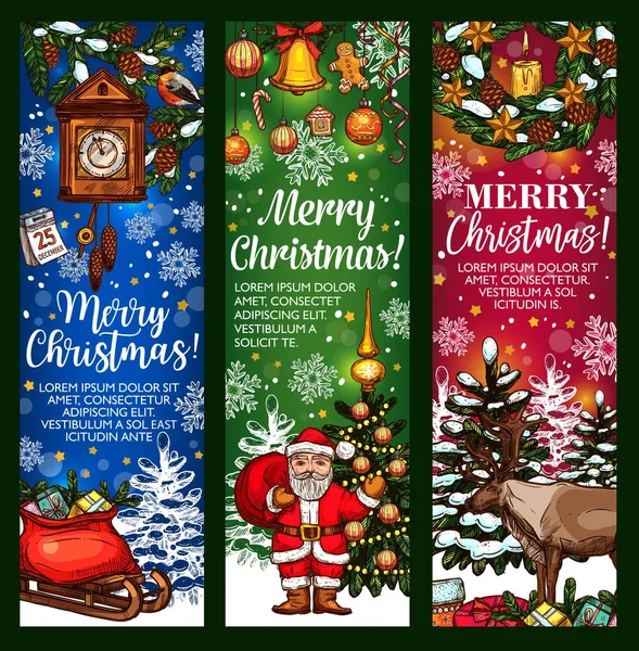 Banner de felicitación de Navidad con bocetos navideños — Vector de stock