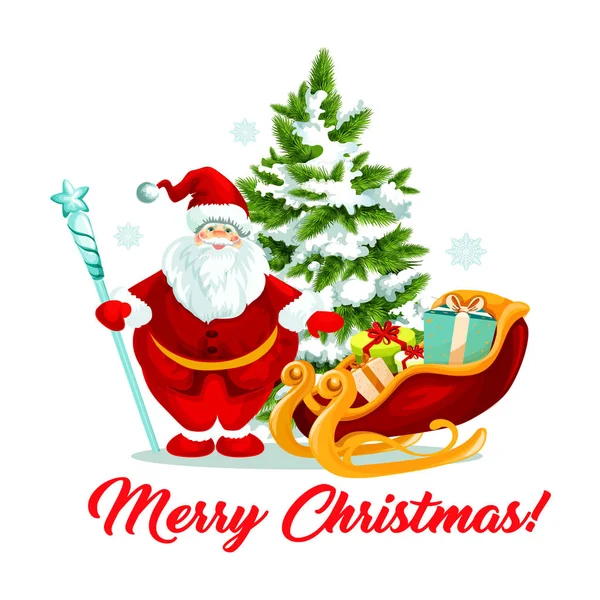 快乐圣诞圣诞老人礼物雪橇树矢量图标 — 图库矢量图片