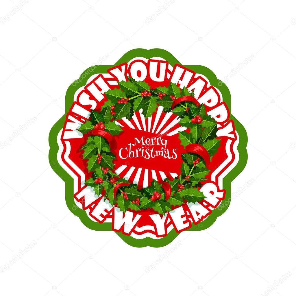 Merry Christmas greeting card of holly leaf and winter berry wreath decoration and gift bow. Vector isolated Xmas tree bow icon for Happy New Year and Christmas winter holidays design template