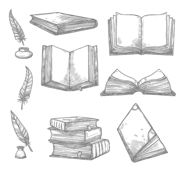 Vector sketch icons of old books and manuscripts — Stock Vector