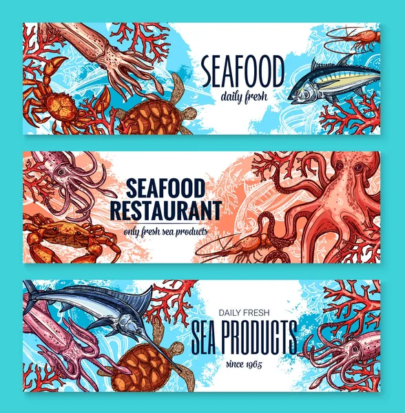 Векторні банери начерк риби з морепродуктів для ресторану — стоковий вектор