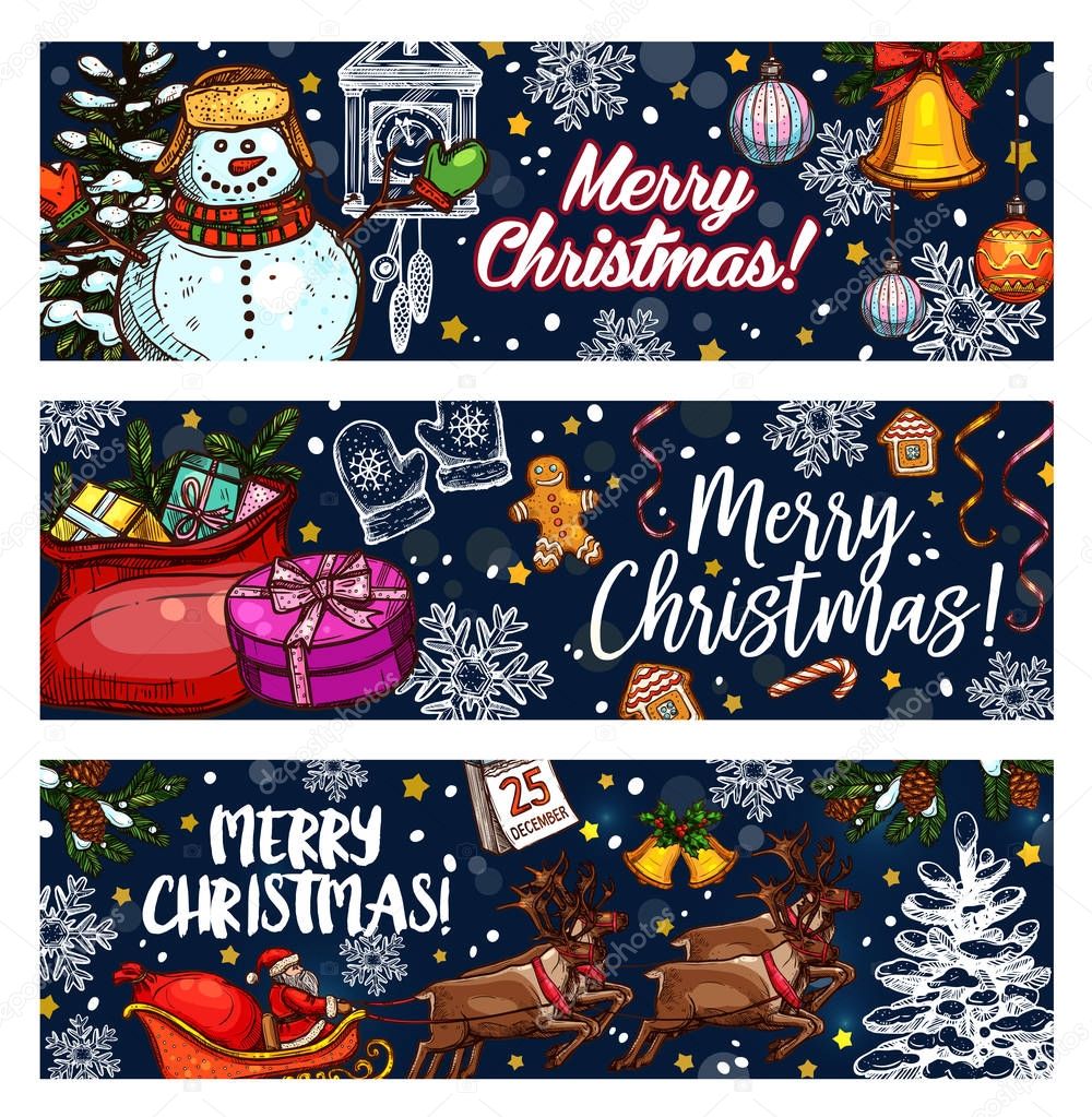 Merry Christmas sketch vector greeting banners