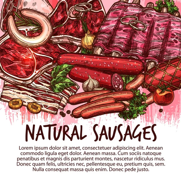 Salsichas de esboço de vetor e delicatessen de carne — Vetor de Stock