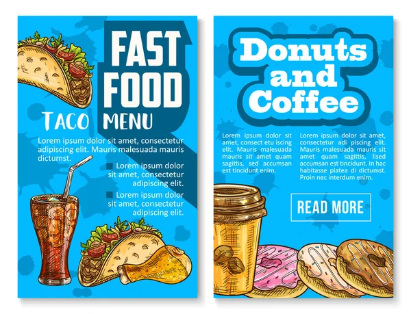 Snacks y comidas de comida rápida menú bosquejo cartel — Vector de stock