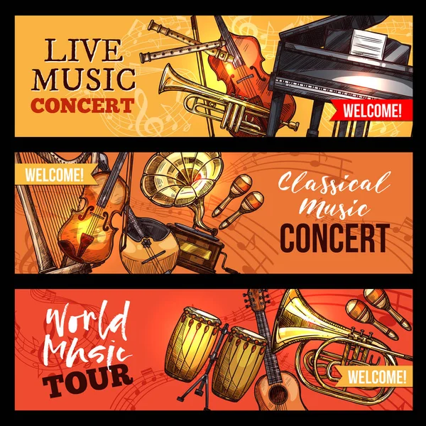 Vector music concert banners sketch instruments — Stock Vector