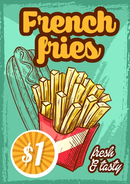 Fast Food Vektor Pommes Frites Menü Skizze Poster — Stockvektor