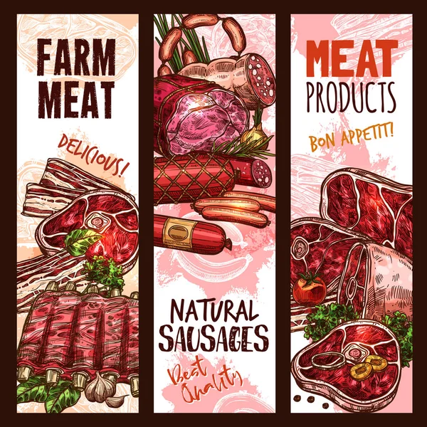 Vector banner skiss butchery shop köttprodukter — Stock vektor