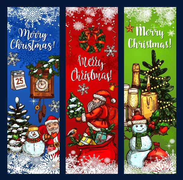 Banner de felicitación de Navidad con bocetos de Navidad — Vector de stock