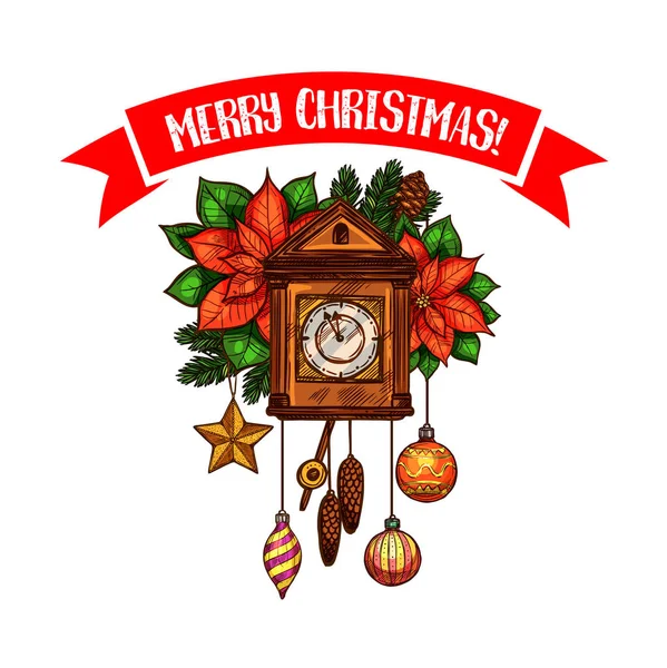 メリー クリスマス グリーティング ベクトル時計スケッチ アイコン — ストックベクタ