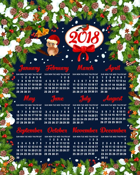 2018 Natal ano novo modelo de vetor calendário — Vetor de Stock