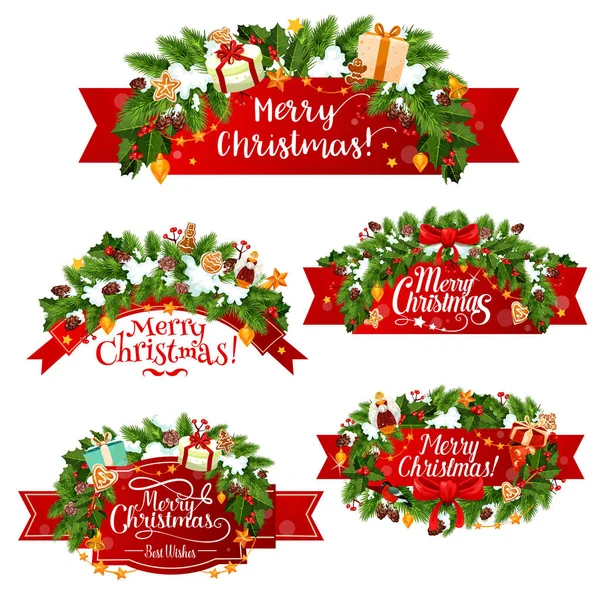 Christmas vector greeting ribbon decoration icons — Stock Vector