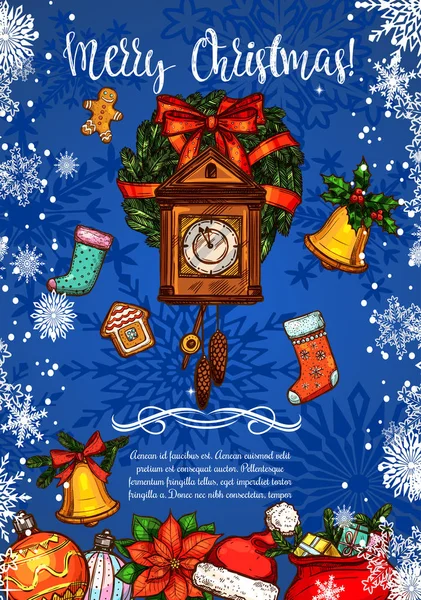 Merry Christmas clock vector sketch greeting card — Stock Vector