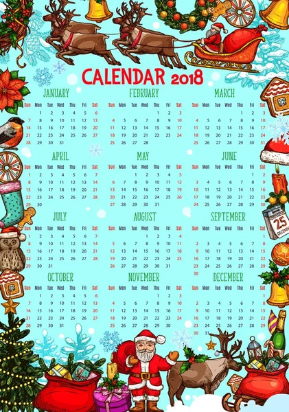 Christmas calendar with New Year holiday sketches — Stock Vector