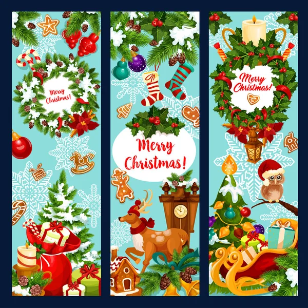 Ghirlanda di albero di Natale con banner di auguri regalo — Vettoriale Stock