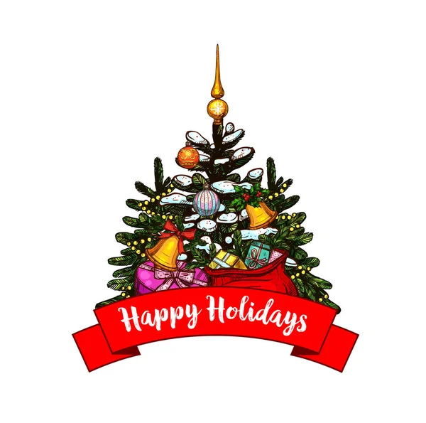 Vánoční stromeček s dárky a bell blahopřání — Stockový vektor