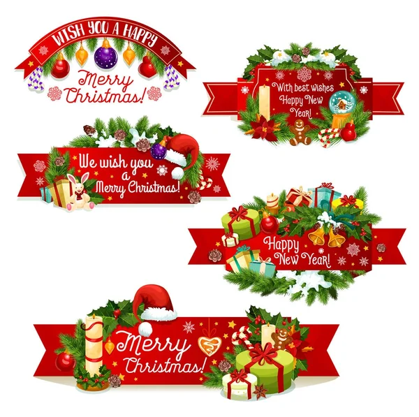 Christmas New Year vector greeting ribbon icons — Stock Vector