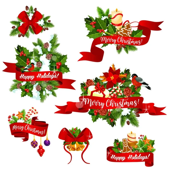 Kerst vector groet ribbons decoratie pictogrammen — Stockvector