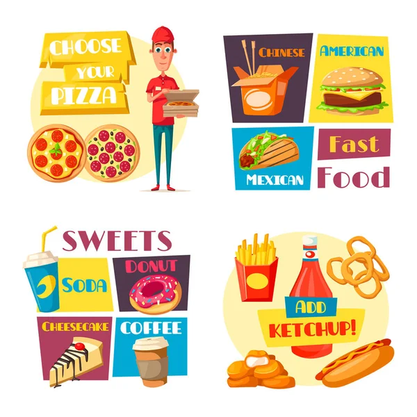 Fast food meals vector pizza burger posters — Stock Vector