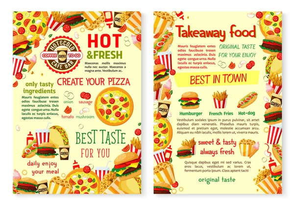 Fast food pizza burger paket servisi olan restoran vektör menü poster — Stok Vektör