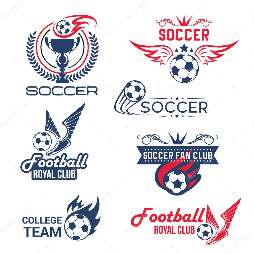 Soccer club or football tournament and championship icons set. Vector isolated goal gates, soccer ball flying with spread wings and winner cup goblet for football league fan club or sport game contest