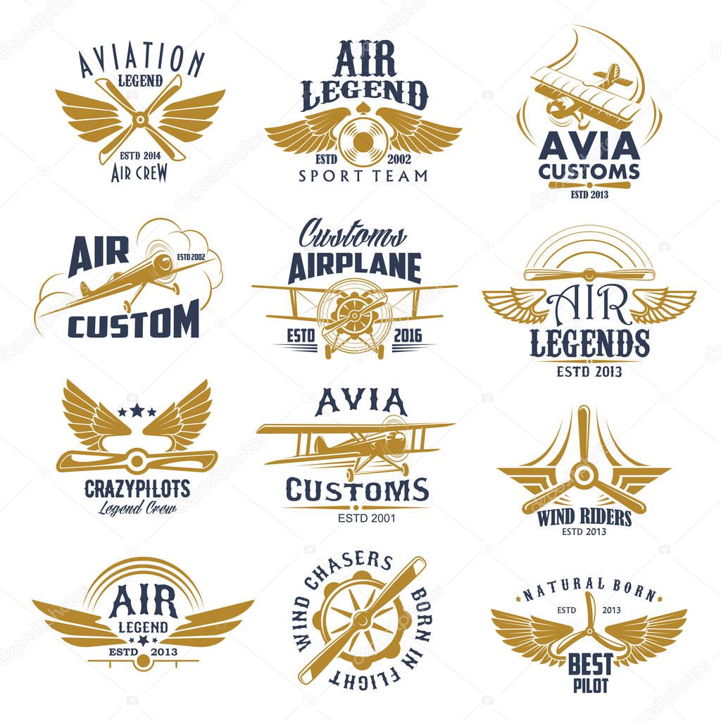 Aviation retro icons set of aircraft propeller and wings for avia customs and pilot legend team labels. Vector isolated badges of vintage airscrew for wind chasers and airplane riders sport crew