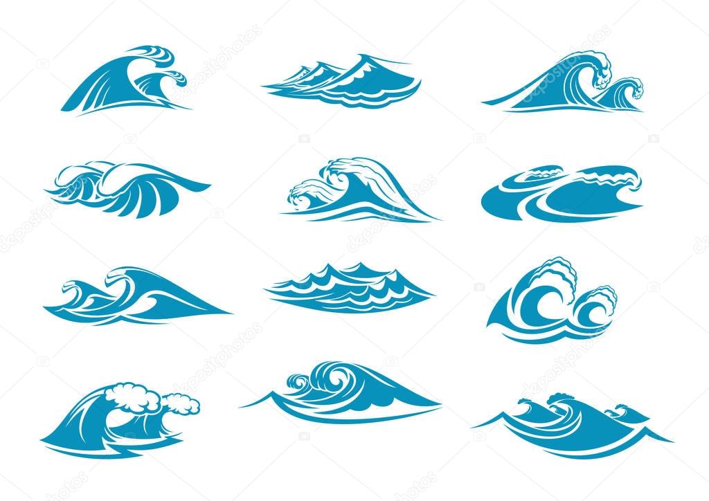Water waves splashes icons set. Vector isolated ocean or sea wave tide with foam or froth drops, blue water storm ripple flow or wind surf gale swirls and marine streams