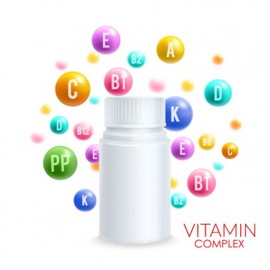 Vitamini karmaşık vektör 3d plastik şişe hap