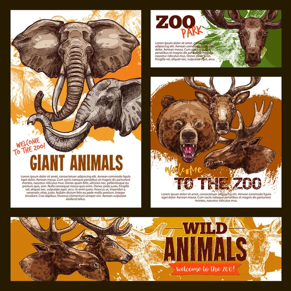 Vektorové skici plakát divoké obří zvířata ze zoo — Stockový vektor