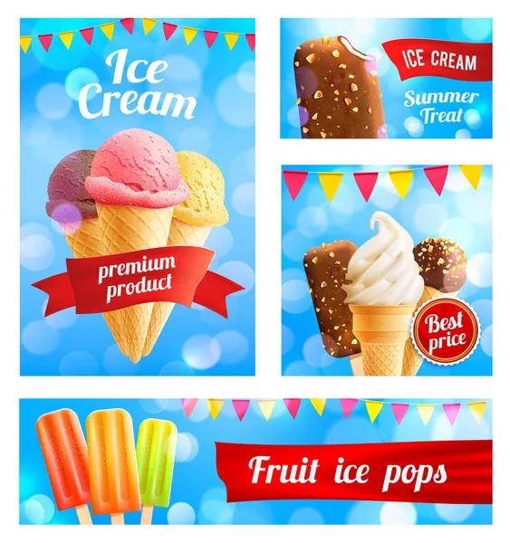 Vector 3D ice cream cafe shop posters banners — Stock Vector