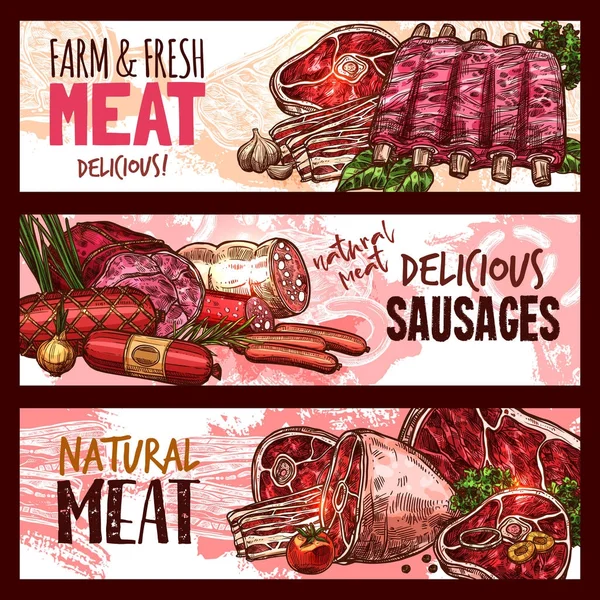 Vector sketch slagerij winkel vlees product banners — Stockvector
