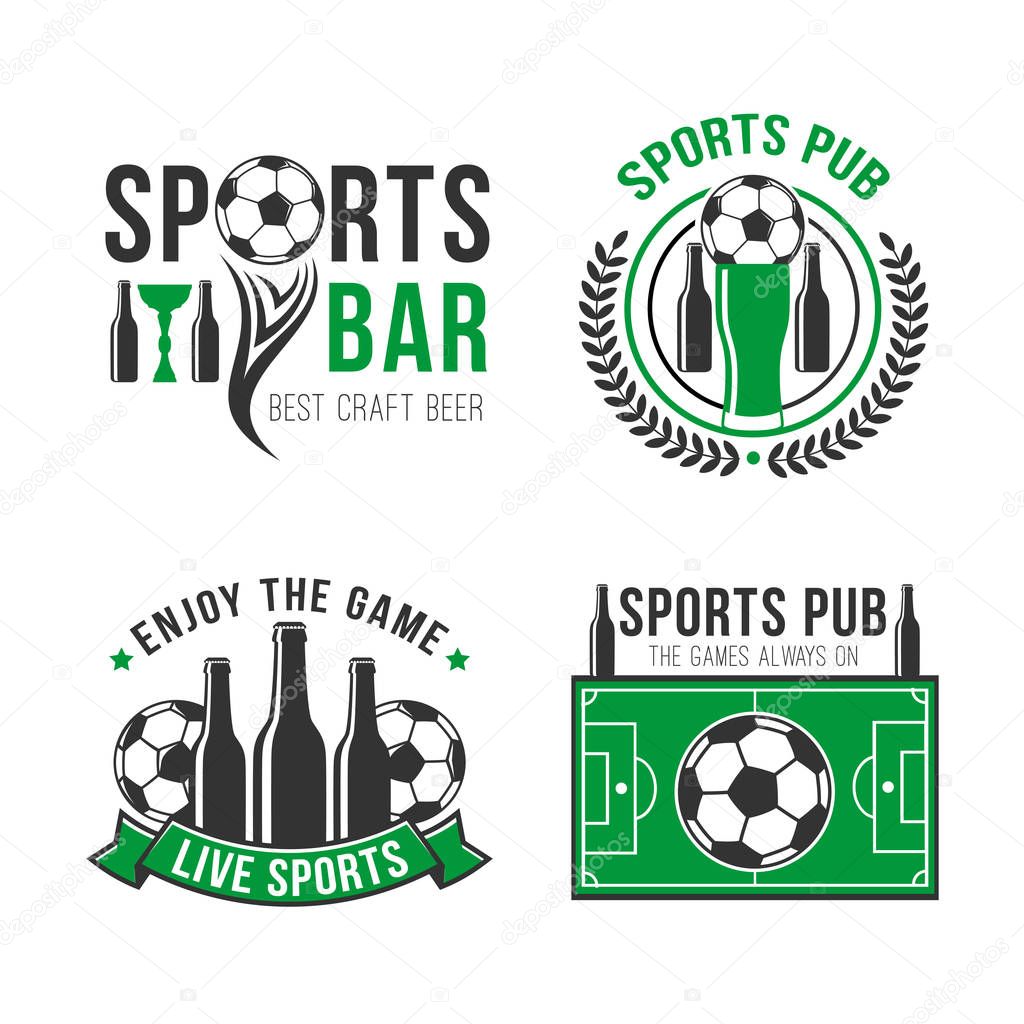 Soccer sport bar or football fan pub icon design template. Vector signs of soccer ball, beer cup or glass bottle, laurel wreath ribbon and tournament champion stars on football green field