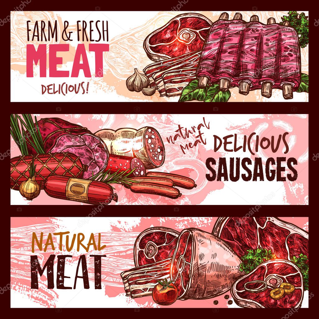 Vector sketch butchery shop meat product banners