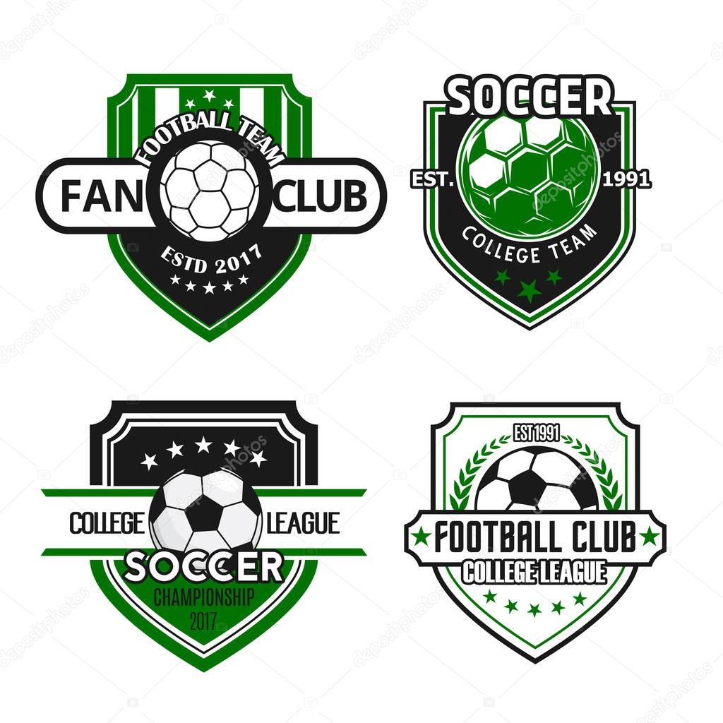 Soccer fan club or football sport game team heraldic icon templates. Vector set of football ball, winner cup laurel wreath and stars on green shield badge for soccer championship college league