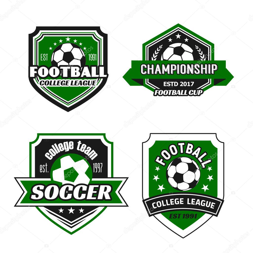 Soccer college league or soccer sport club icon templates. Vector set of football ball, winner cup laurel wreath and stars on green shield badge for soccer championship or football game