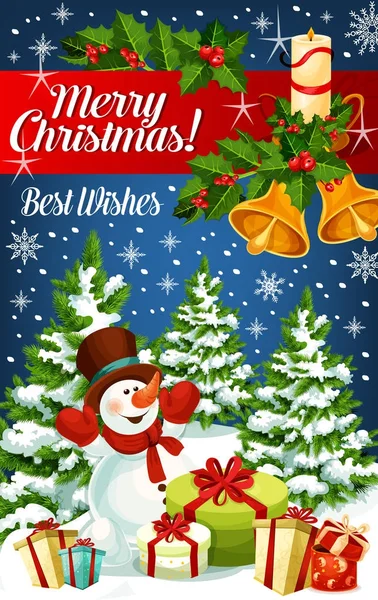 圣诞贺卡与雪人和圣诞礼物 — 图库矢量图片