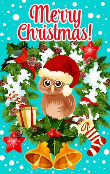 Merry Christmas holidays owl vector greeting card — Stock Vector