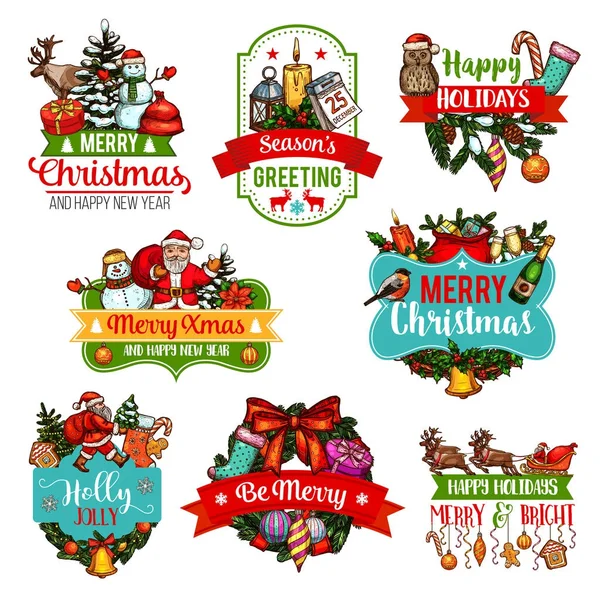 Noël et Nouvel An étiquette de croquis cadeau de vacances — Image vectorielle