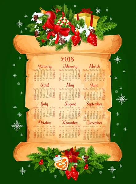 Vacanze di Natale 2018 calendario vettoriale design — Vettoriale Stock