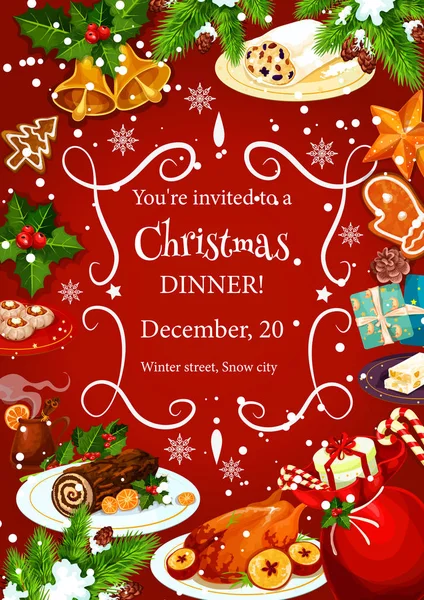 Christmas dinner invitation with festive dishes — Stock Vector