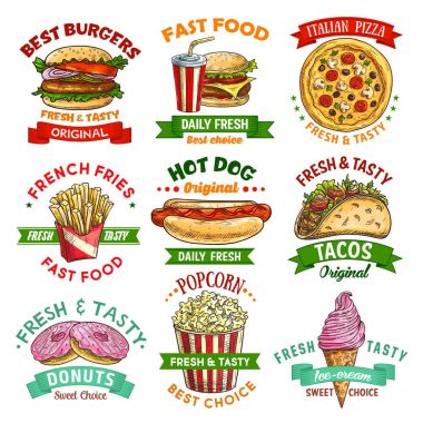 Fast food amblem seti burger ve içki ile kroki