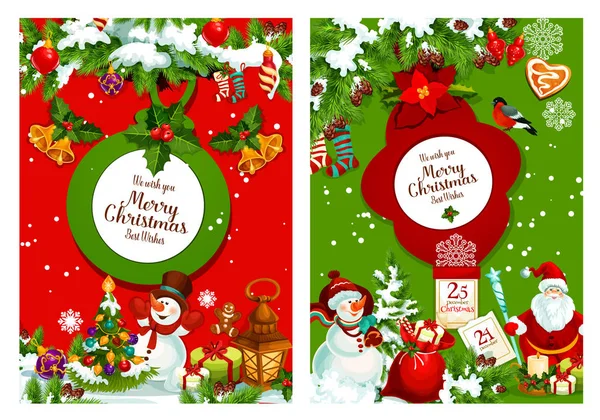Affiche de Noël de sapin de Noël, Père Noël et bonhomme de neige — Image vectorielle