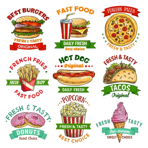 Fast food sketch emblem set with burger and drink — Stock Vector