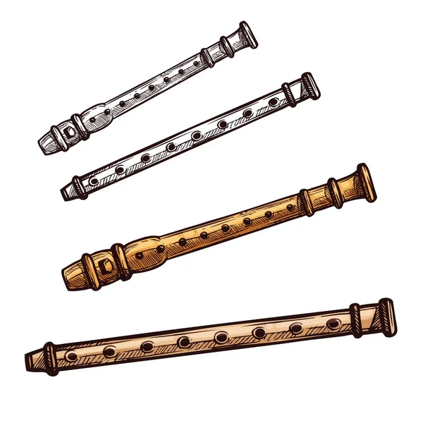 Flûte en bois ou pipe instrument de musique folklorique croquis — Image vectorielle