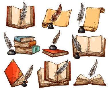 Eski kitap, kağıt kaydırma ve tüy kalem kroki set