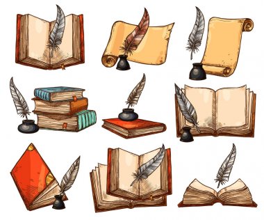 Old book, paper scroll and feather pen sketch set clipart